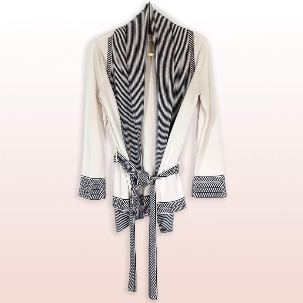 SHAE Cardigan Shawl Collar Cotton Tencel Cashmere Blend Black & Cream Size S